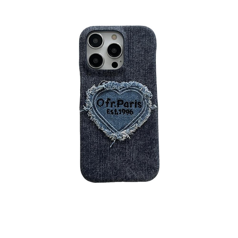 Denim Embroidery Heart Cartoon Phone Case for iPhone 13/12/14/15/16/17 PRO