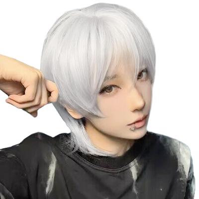 PEACOCO Men's Short Wig, Blonde, Wolf, Black Hair, Cosplay, Fake White Hair, Yuki White