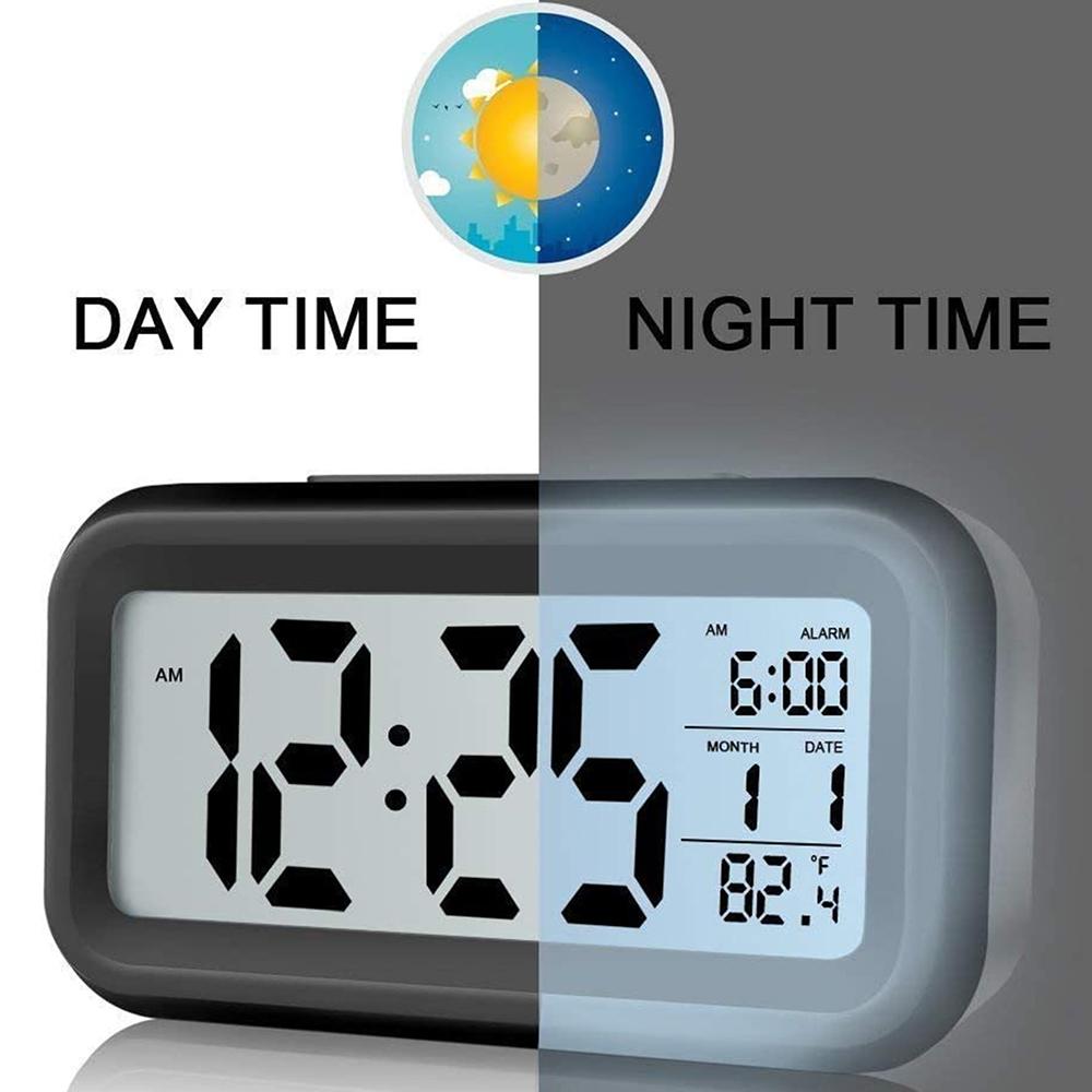Digital Alarm Clock with Indoor Temperature Light Sensor Battery Operated Backlight 12/24H Display for Bedrooms Office Desk
