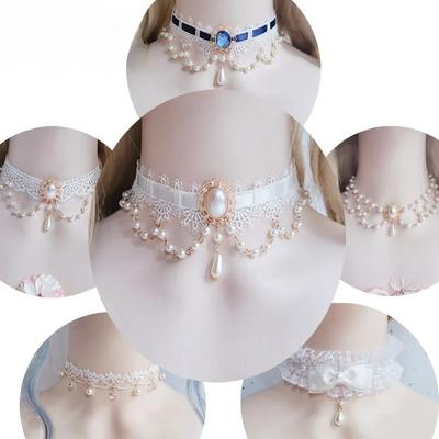 Lolita Necklace Vintage Gothic Rococo Style Wedding Princess Bowknot Lace Pearl Necklace Accessories