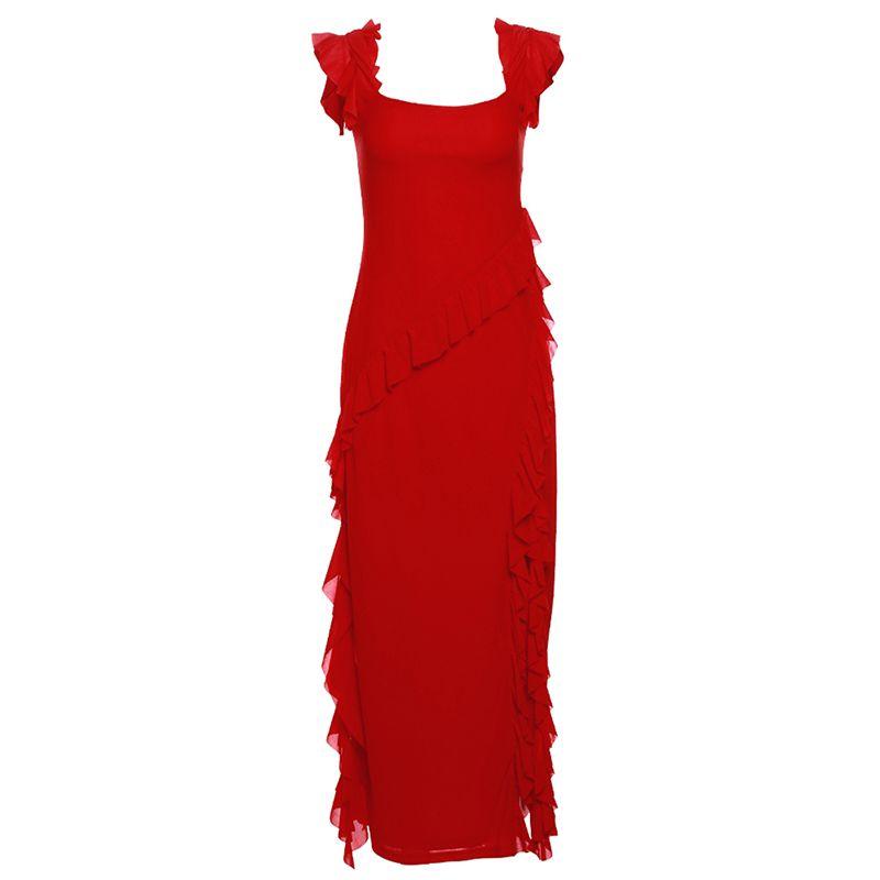 

# Sisjuly# Domineering Elegance Feminine Ruched Lace Sexy Waist Trimming Elegant Square Collar Dress Female Slim Looking Red M