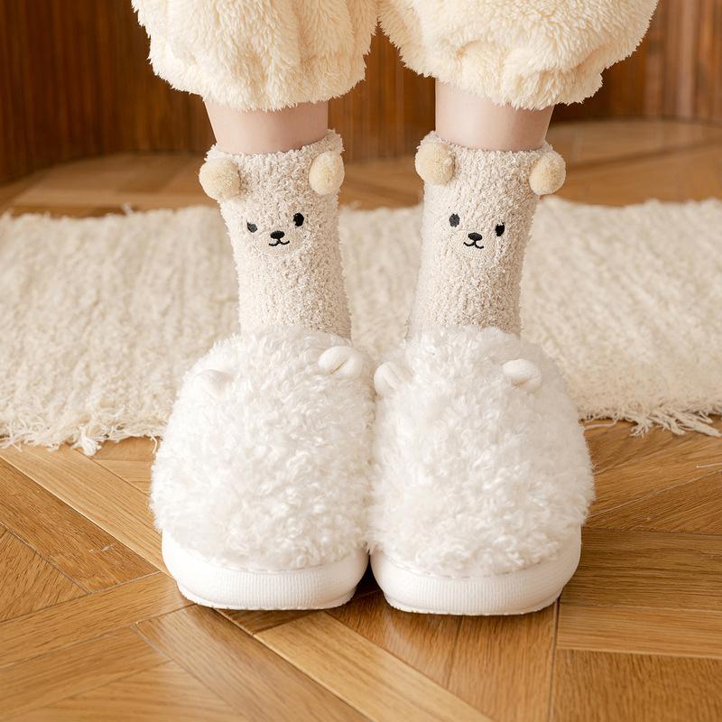 

1 пара женских носков, зимние теплые носки из кораллового флиса с милым медведем, женские осенние забавные носки для девочек, теплые зимние женские домашние носки