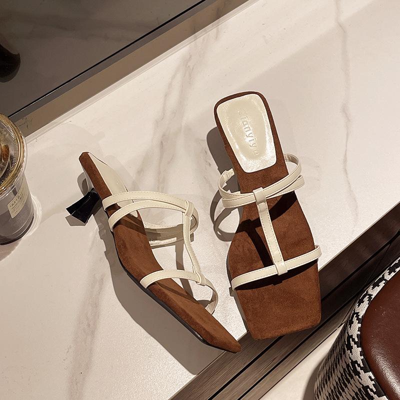 Slippers Female Summer Wear Cool Slippers Female Open Toe Heel Kitten High Heels Square Head Thin Strap Beautiful Word