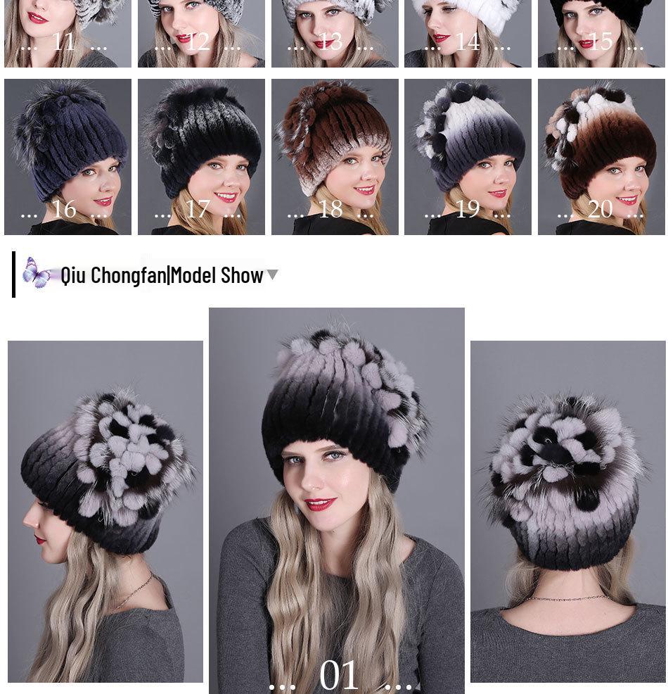 Damska europejska i amerykańska zimowa czapka z grubej wełny z futrem z królika ottera i kwiatem z boku