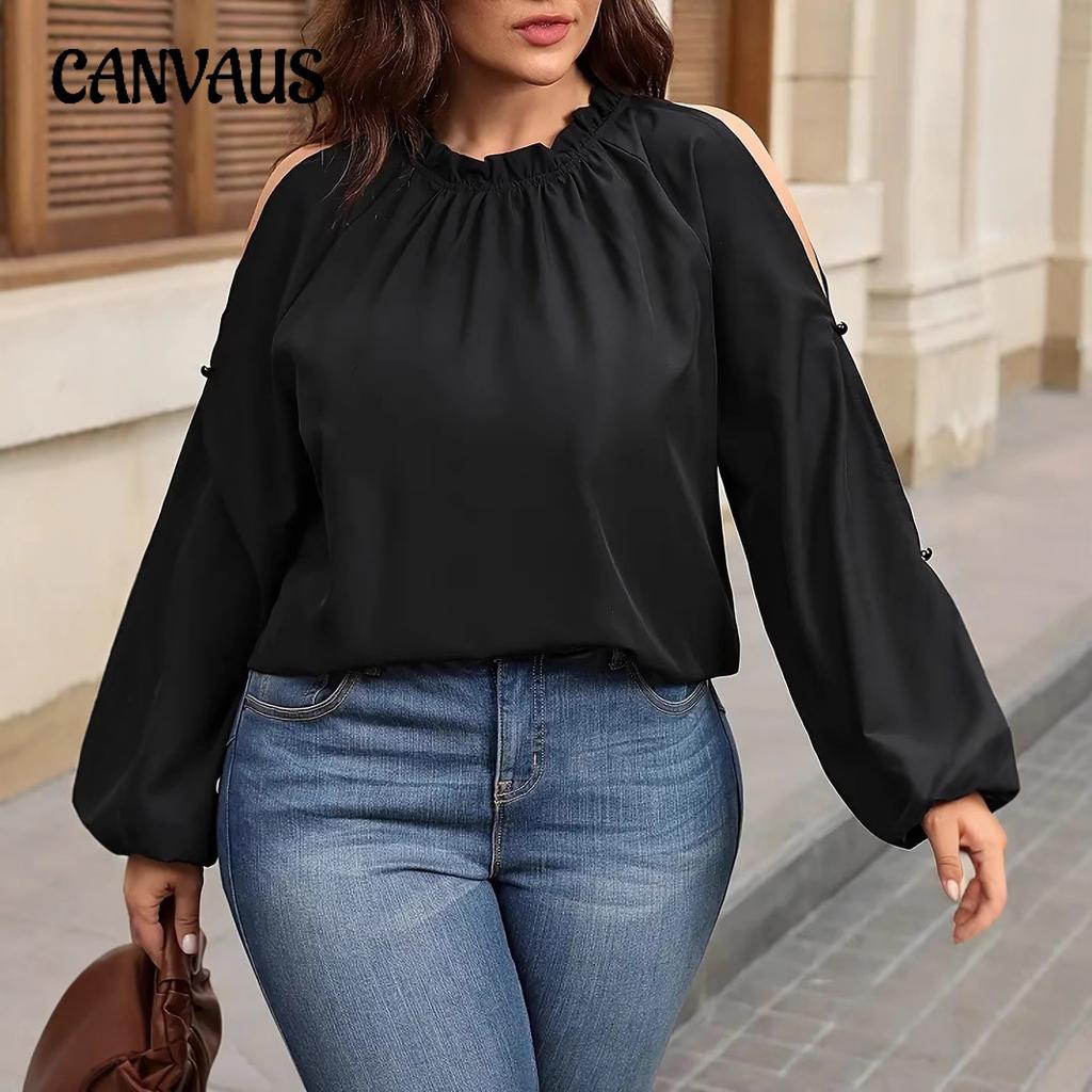 Plus Size Women's Shirt Solid Color Strapless Lantern Sleeve Tops Ruffle Blouse