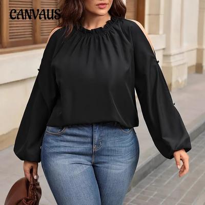 Plus Size Damenhemd Einfarbig Trägerlos Laternenärmel Tops Rüschenbluse