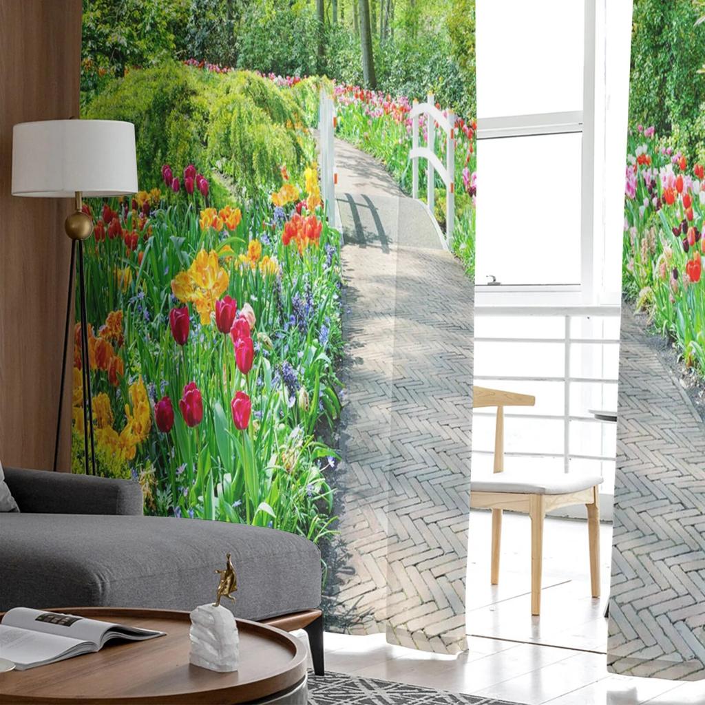 Forest Path Flowers Leaves Tulle Curtains Balcony Room Fashion Printed Sheer Curtain Living Room Window Modern Decor