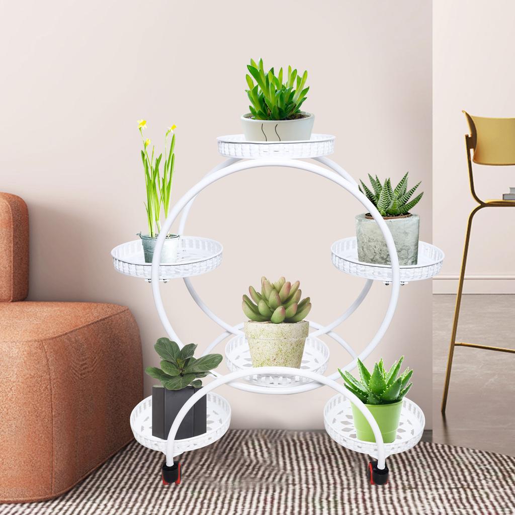 Stylish White Iron 6-Tier Plant Stand with Wheels, for Indoor Outdoor Use - Patio, Garden, Living Room, Balcony, Bedroom Decor