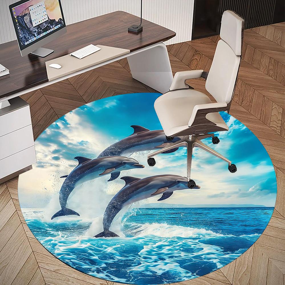 1pc Dolphins Ocean Round Chair mat Area Rug - Non-Slip, Floor Mat for Office, Bedroom, home decor Christmas Gift-1002342