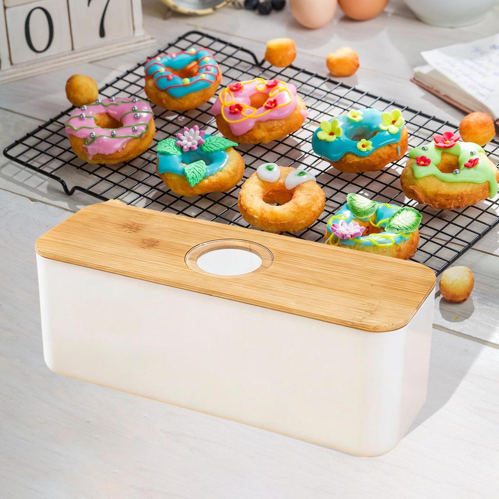 Rectangular Bread Box with Wooden Lid Multipurpose Storage Container Organizer for Kitchen Countertop Fresh Baked Goods