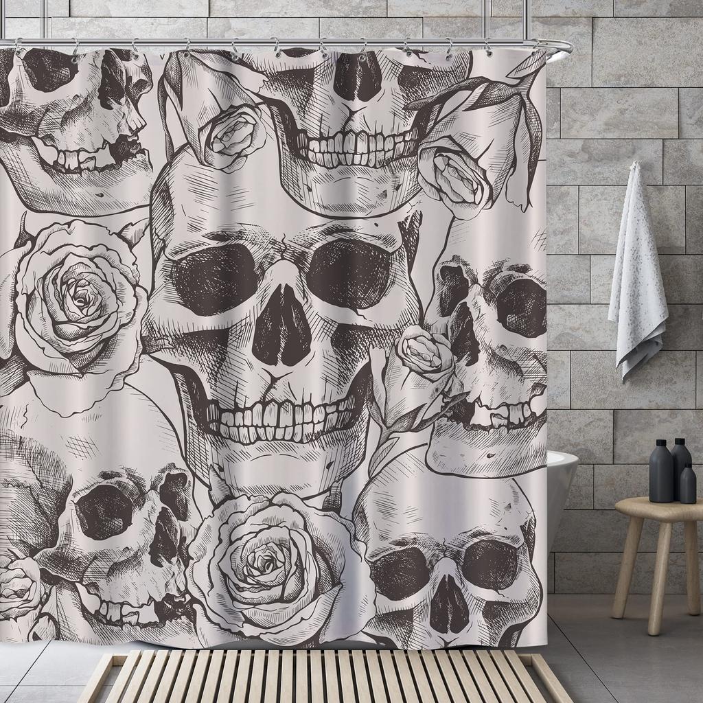 Skull Gothic Skeleton Shower Curtain, Goth Black Floral Rose Decor For Bathroom, Halloween Artistic Waterproof Washable