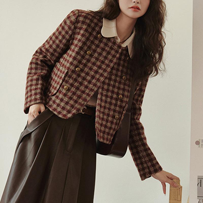 Giacca Corta Casual Antivento da Donna Autunnale a Girocollo Maniche Lunghe con Stampa a Quadri