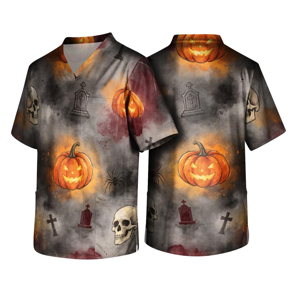 Men's Halloween Print V-Neck Scrub Top with Pockets Short Sleeve