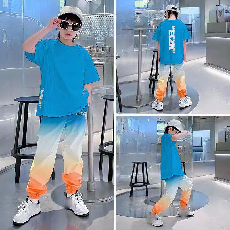 Summer Teenager Boys Clothes Casual Outfit Kids Gradient Tracksuit Child T Shirt + Ankle Tie Pant