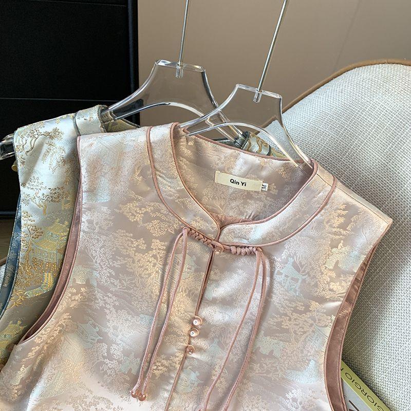 Vest Women's Guochao Plate Buckle Small Jacquard Pink Ankara Red Top Old Age