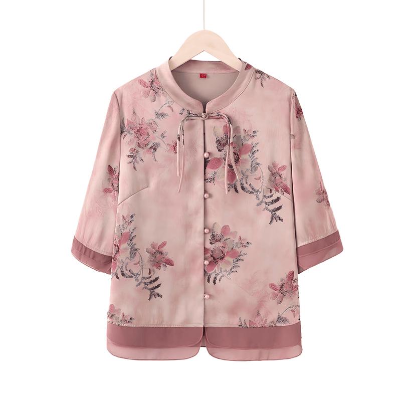 Yuzhaolin Floral Print Stand Collar Summer Top for Mid-Aged Women XL