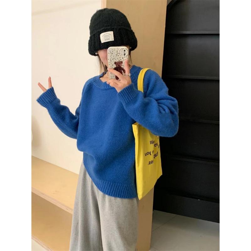 Autumn and Winter New Retro Soft Waxy Candy Color Crew Neck Pullover Sweater Women's Loose Lazy Knitted Sweater Top Thick