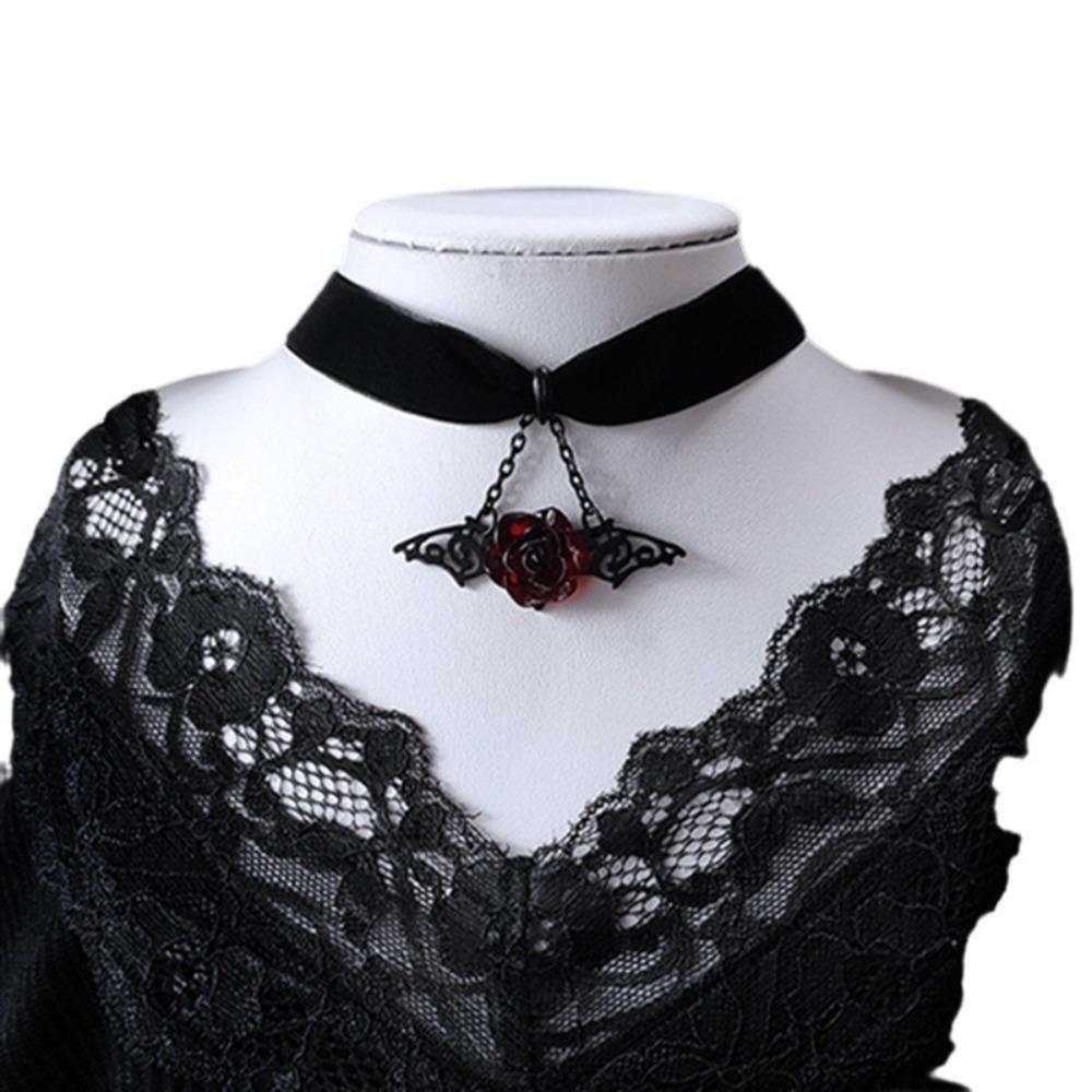 Gothic Black Hollowed-out Vampire Bat Wings Stereo Red Rose Flower Pendant Velvet Necklace for Women Halloween Choker Jewelry