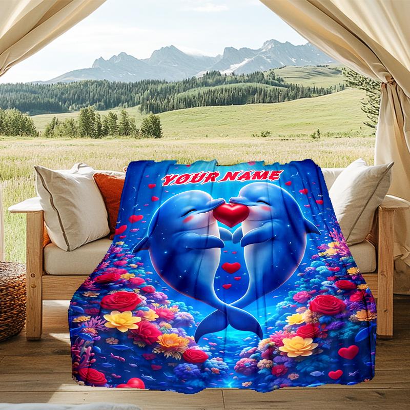 1PC Custom Name Love Between Dolphins Outdooor Flannel Blankets Throw Blanket All-Season Throw Gift Bedspread for Couch, Bed, Camping Holiday Birthda