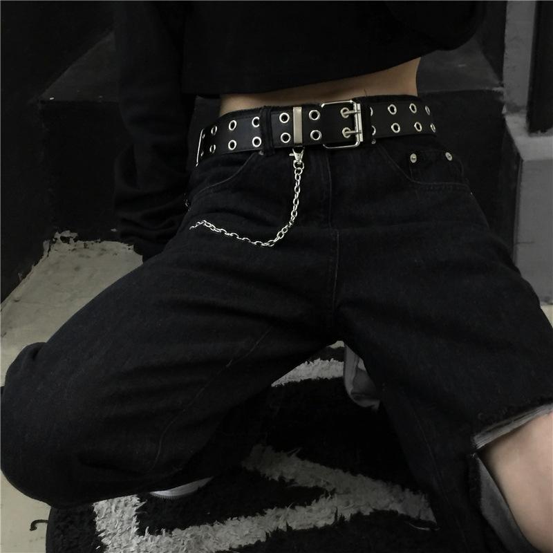 Belt Women Korean Instagraphs Retro Personality Black Double-breasted Metal Chain Embellished with Everything Punk Belt