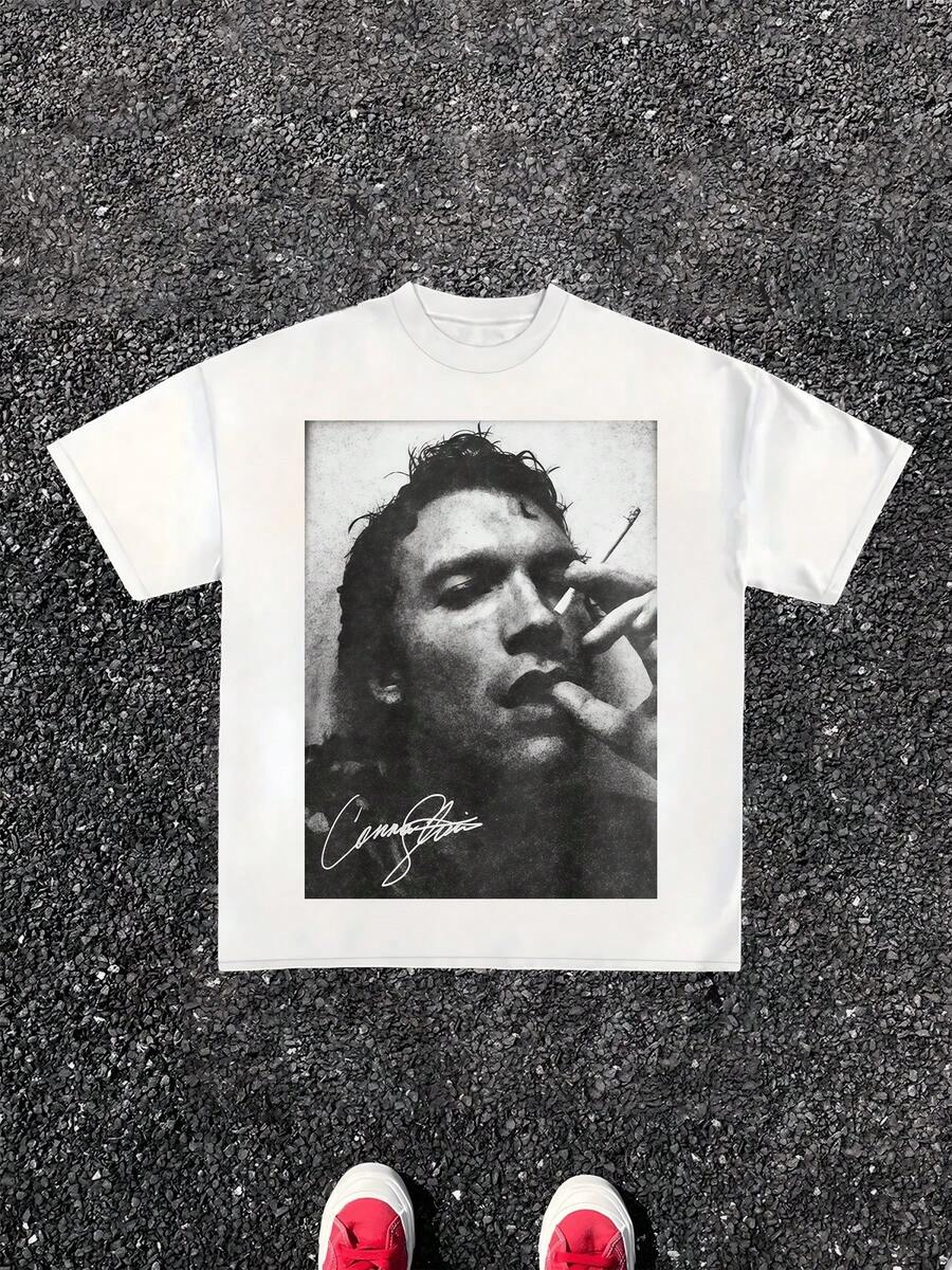 1pcs Men Monochrome Portrait Graphic Tee Print T Shirt Street Style Oversized 100% Cotton T Shirt S