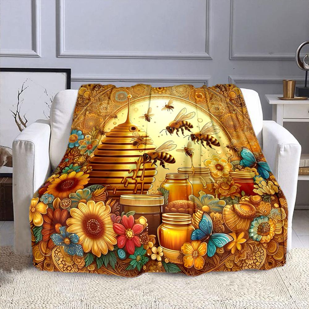 Golden Bees and Vibrant Honeycomb Art Patterned flannel blanket perfect for the bedroom living room, sofa, or a little nap