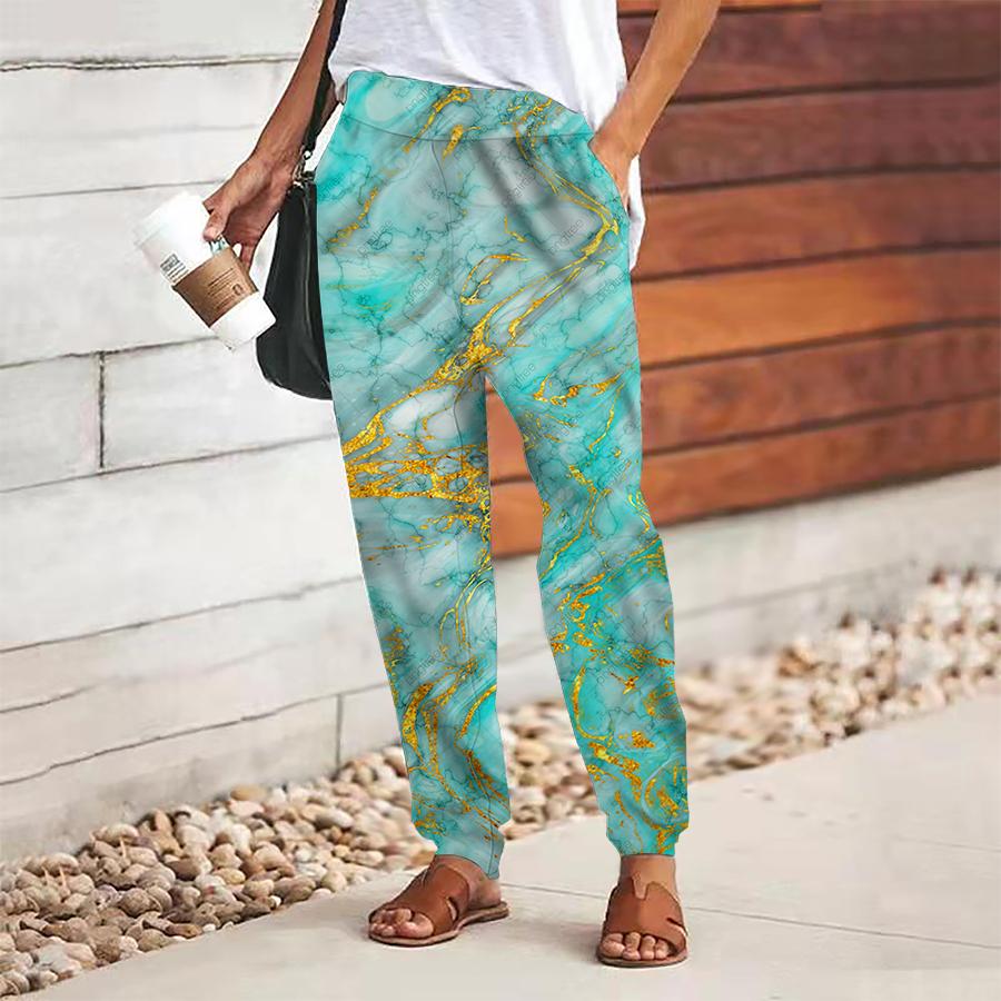 Women Marbling Printing Pants Lace Up Elastic Waist Loose  Trousers Casual Long Pants Trousers with Pockets
