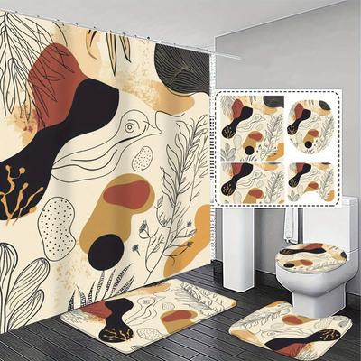4pcs Fashionable and Simple Unique Abstract Art High Quality Shower Curtain and Non-Slip Absorbent Bath Mat Set for Modern