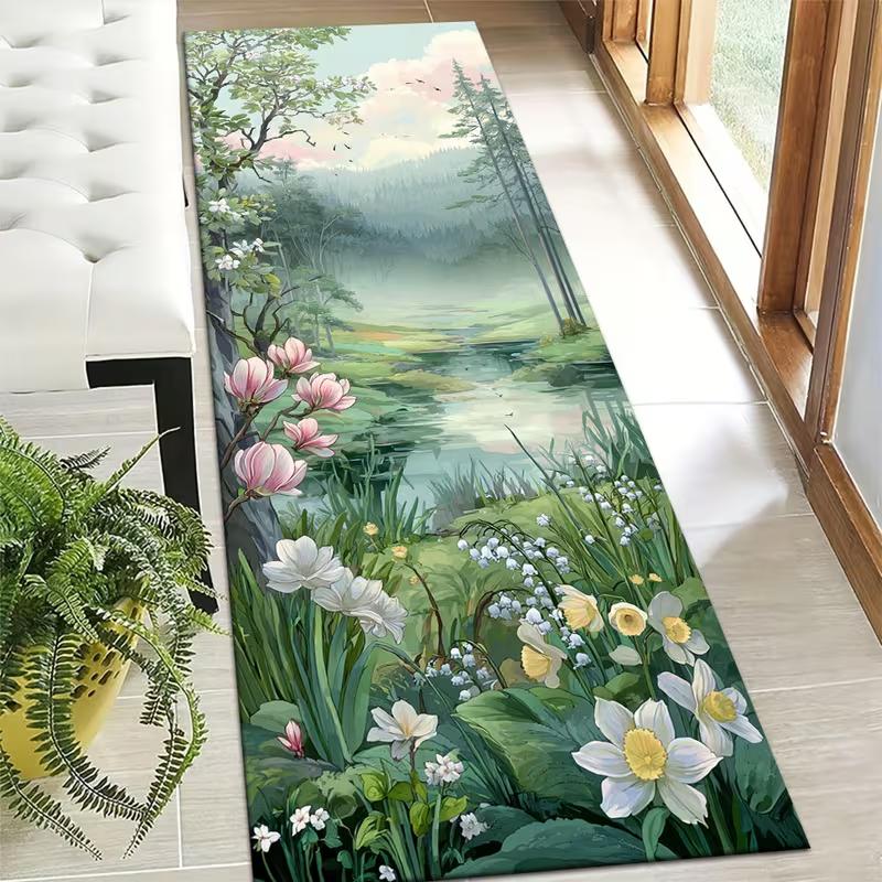 Garden Koi Fish Print Runner Rug Green Zen Pathway Floor Mat Stone Stepping Daisy Floral Design Hallway Carpet for Hallway