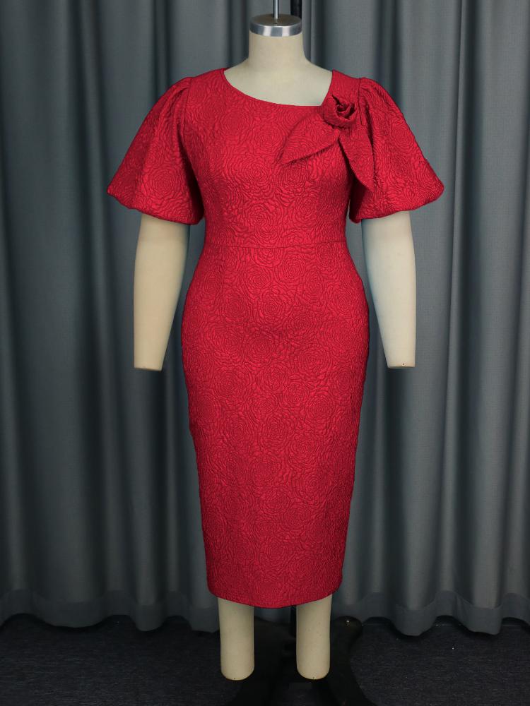 AOMEI Elegant Women Dresses for Evening Party Mid Calf O Neck Short Puff Sleeves Empire 3D Flower Bodycon Jacquard Outfits