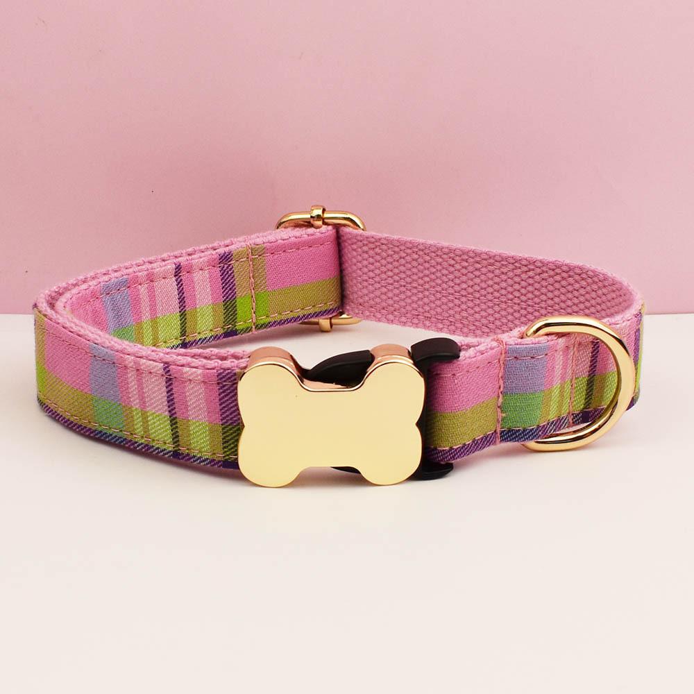 Pet Dog Collar With Grid Print Design And Bone Decor For Gift And Holiday
