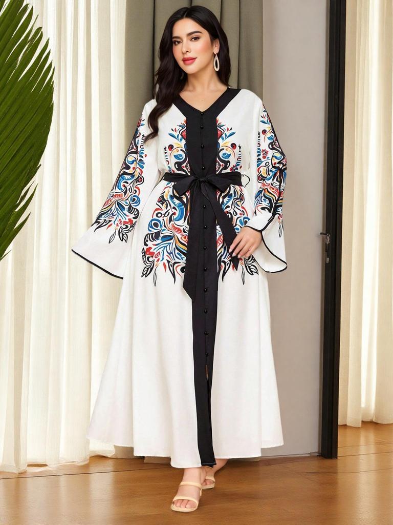 Middle East Ethnic Style Printed Bow V-neck Plus Size Maxi Dress
