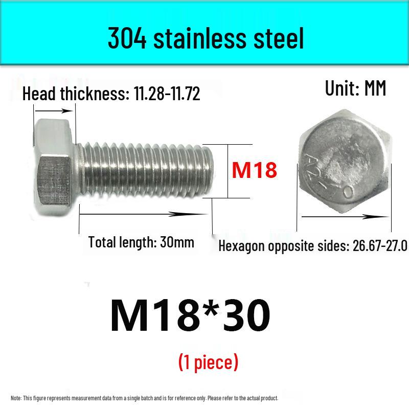 M14-30 304 Stainless Steel Fully Threaded Hex Head Screw Bolt