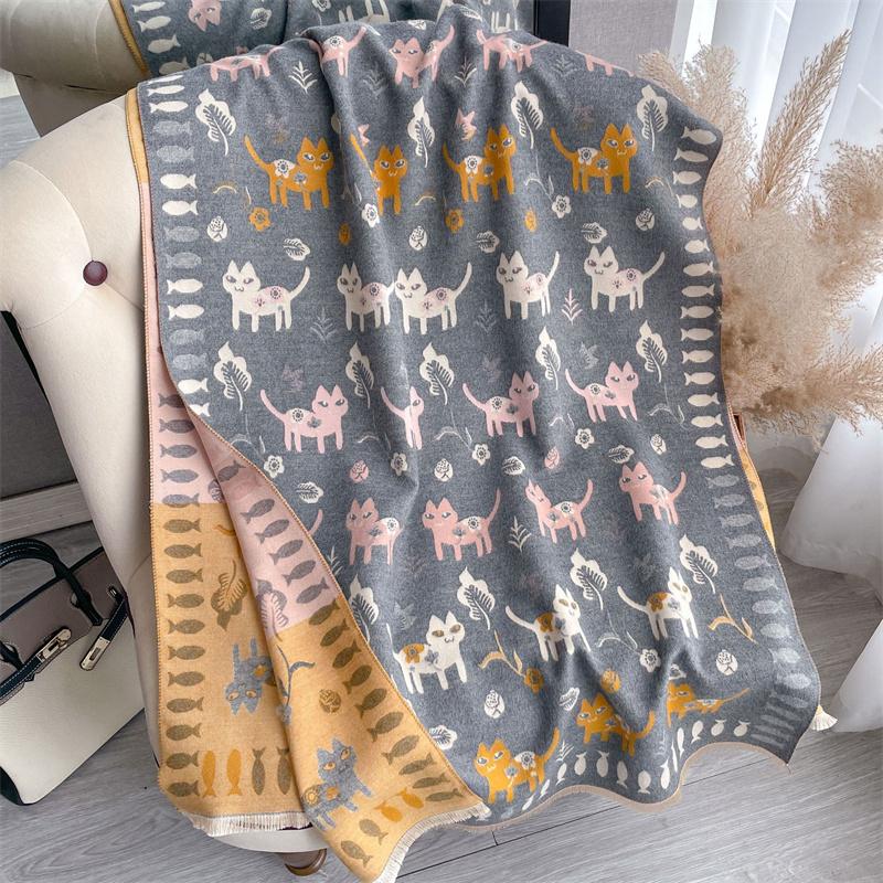 Warm Cashmere Poncho Shawl Scarf Luxury Cat Print Thick Pashmina Winter Blanket Wraps Bufanda Casual Stoles Echarpe