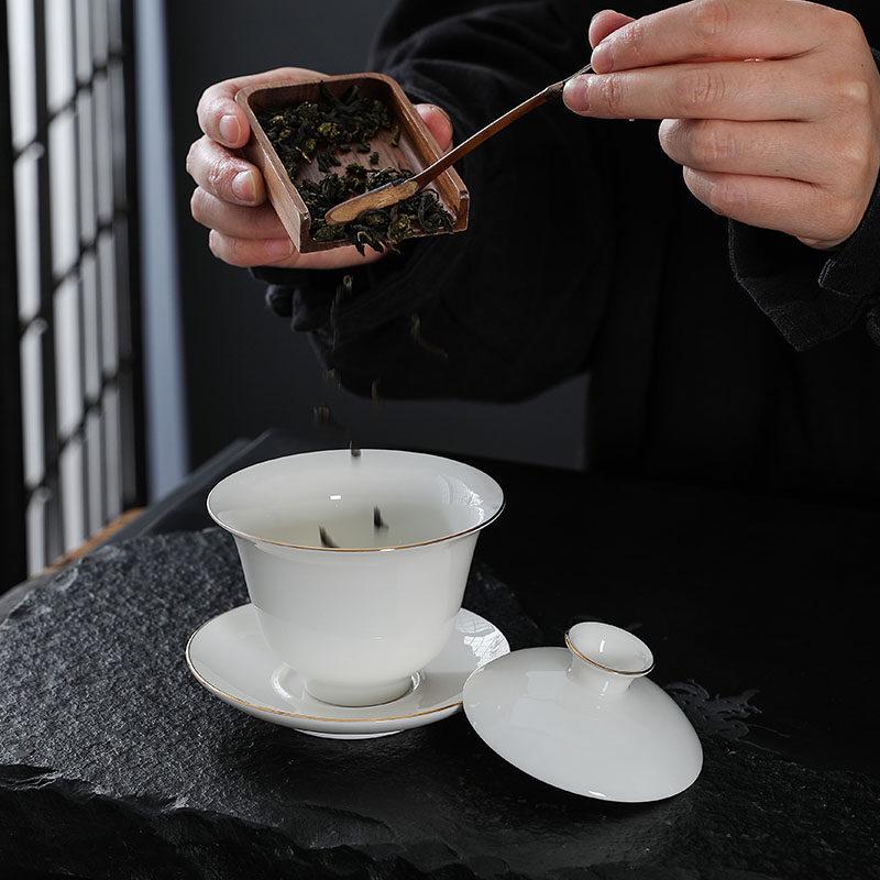 Mutton-Fat Jade Gold-Painted Ceramic Gaiwan Teacup