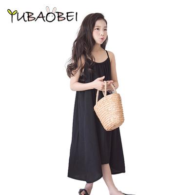 Girls Dress Teenager Party Dresses Cotton Summer Loose Black Beach Sling Dress For Girl Children Clothes
