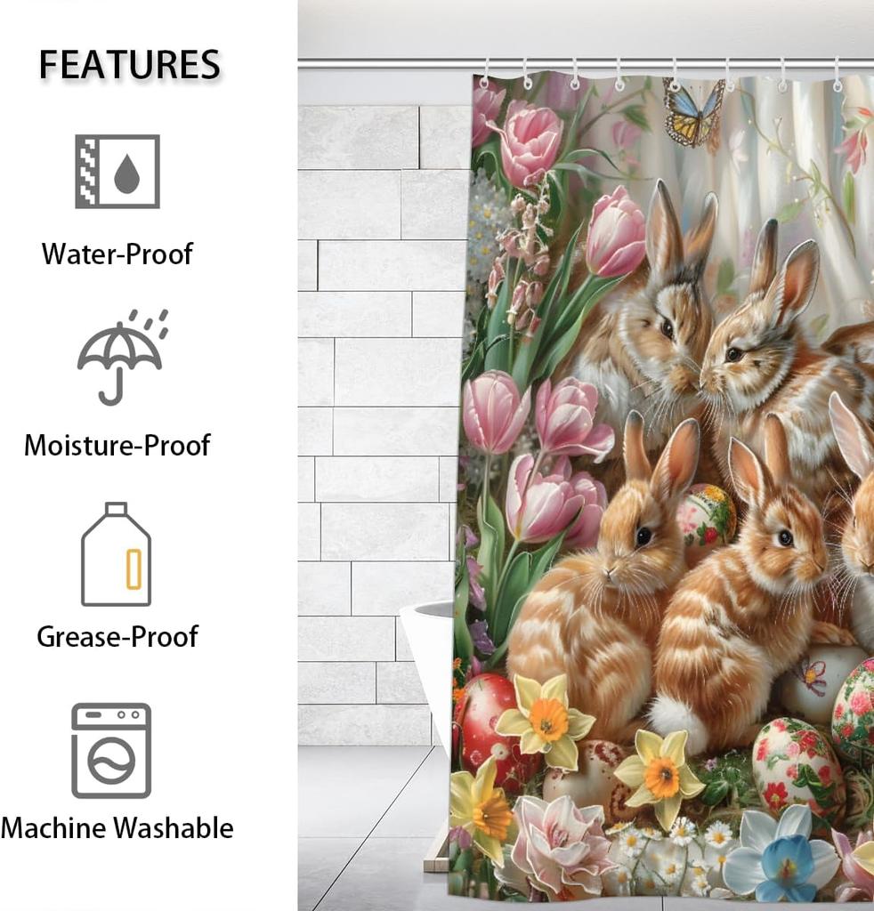 Pardick Shower Curtain, Easter Bunny Egg Flower Waterproof Shower Curtain Set with 12 Hooks, Polyester Fabric Shower Curtains fo