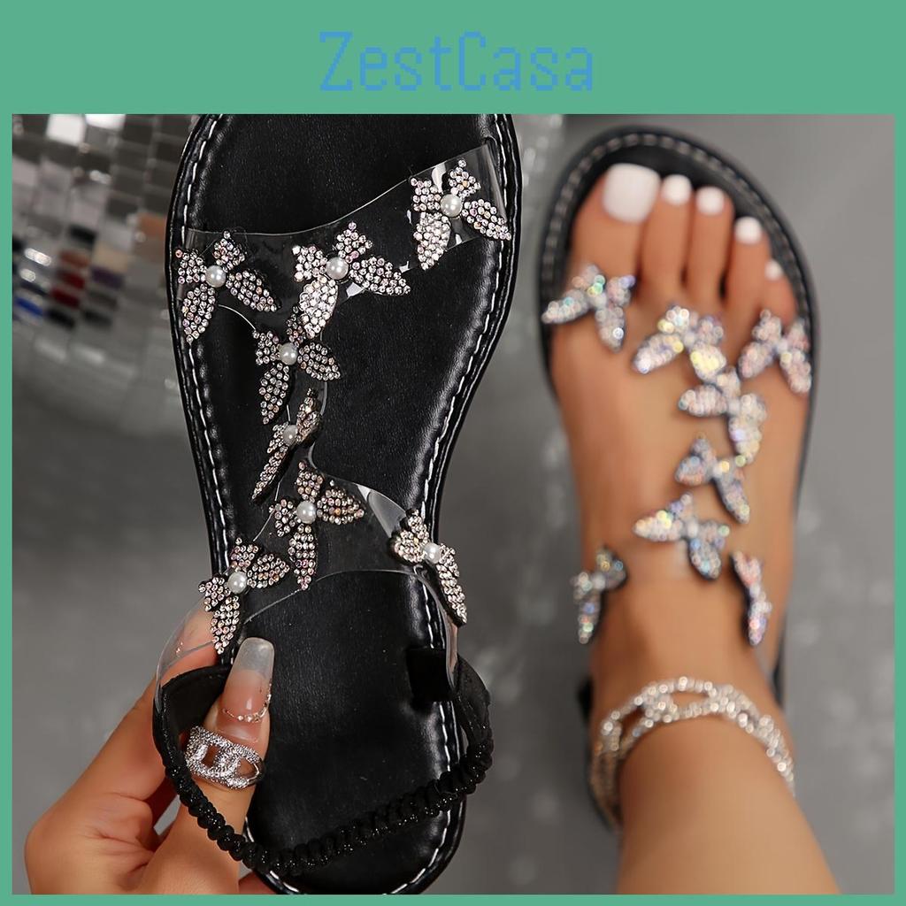 Rhinestone Sandals Summer Womens Elegant Flat Sandals For Outdoor Casual Shoes Beach Sandals