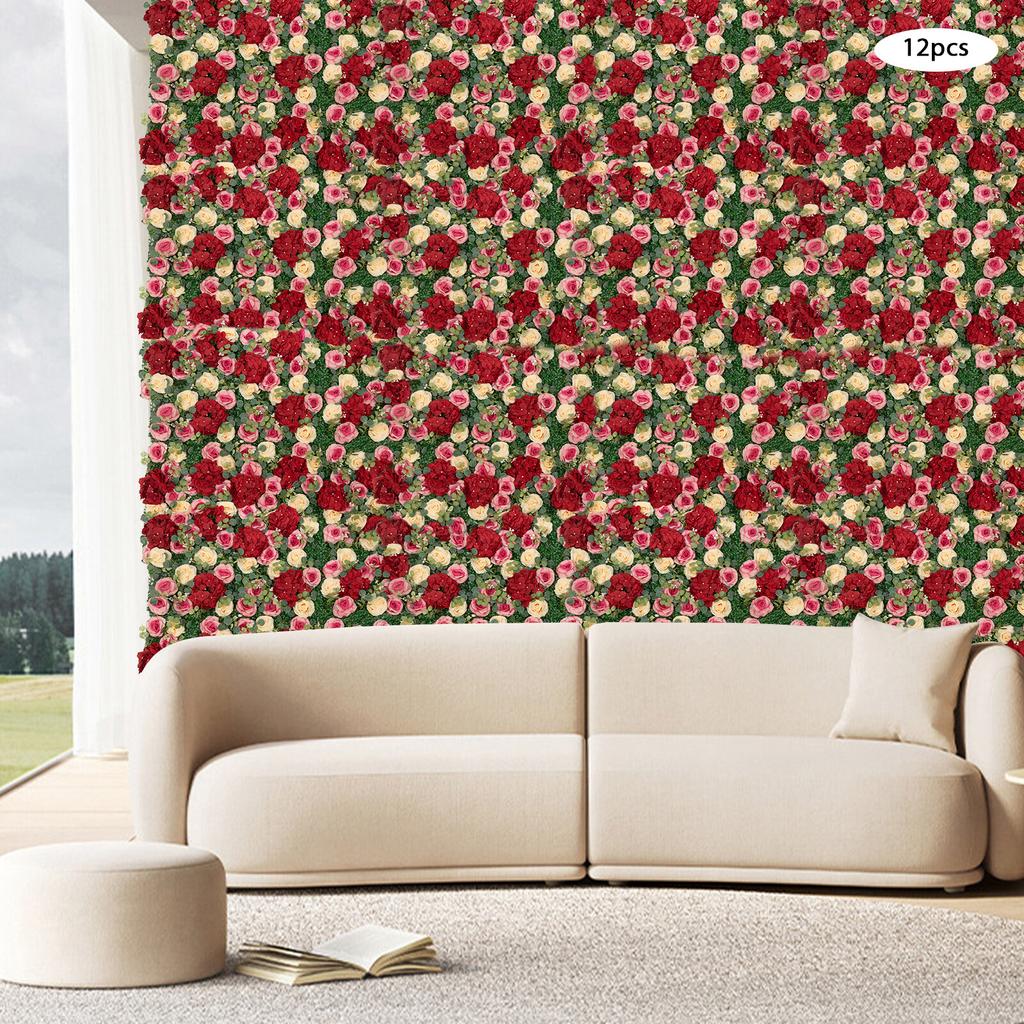 12-Piece Artificial Rose Hydrangea Flower Wall Backdrop, Faux Hanging Floral Panel Decor for Wedding Bridal Shower Party Decor