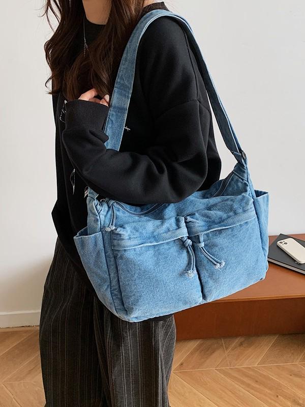 Wszechstronna torba na ramię i crossbody z teksturowanego spranego denimu 2025 z wieloma kieszeniami