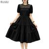 ZANZEA Womens Lace Patchwork Casual Round Neck Short Sleeve Elegant Dress