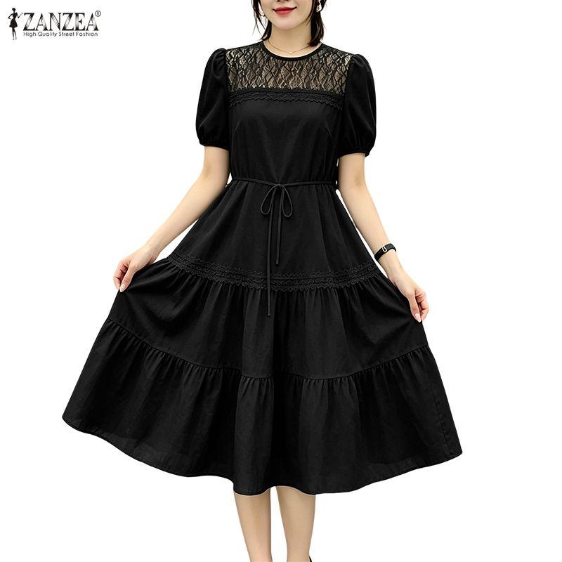 ZANZEA Womens Lace Patchwork Casual Round Neck Short Sleeve Elegant Dress