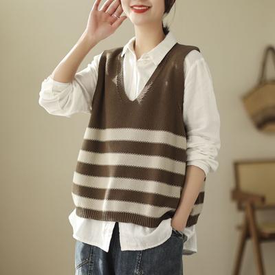 Women's Cardigan Gilet High-End Striped Knitted Top Loose Vest for Autumn and Winter