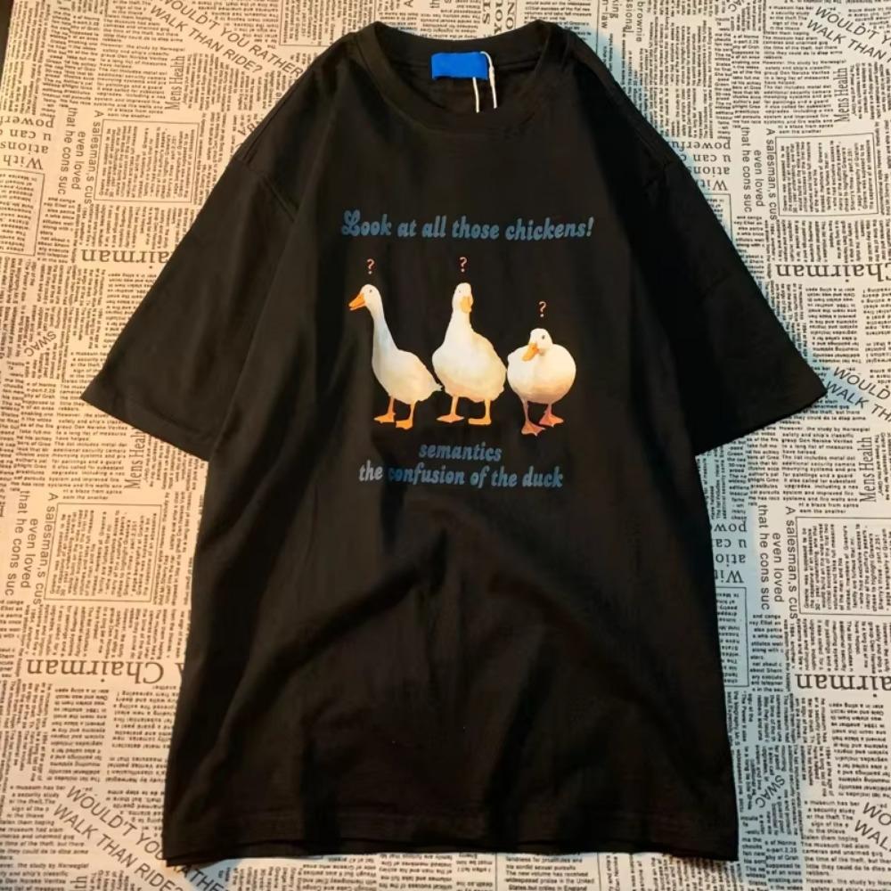 Catching Three Ducks American Retro Fun Printed Short Sleeved Cotton T-shirt Men Women Couple Loose Oversize Top Summer Tees