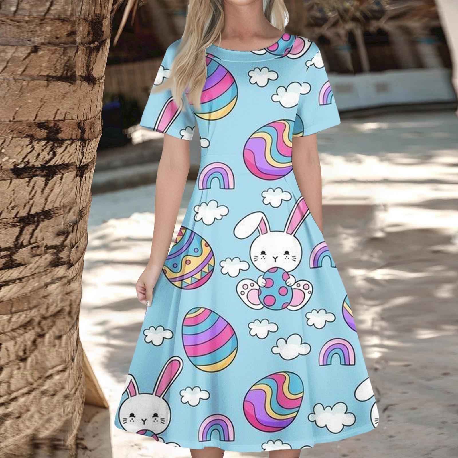 

Женское повседневное модное платье с пасхальным принтом, круглое платье с коротким рукавом и талией, средней длины (с молнией) L чёрный