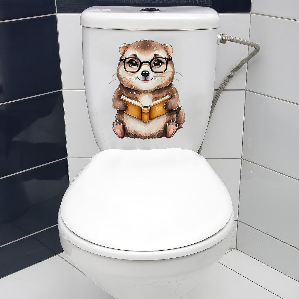 Self-adhesive PVC Removable Creative Cute Animal Reading Book Toilet Wall Stickers Waterproof for Bathroom Decor
