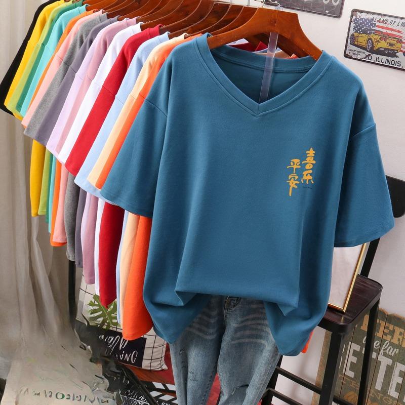 

Футболка с коротким рукавом, Свободного кроя, Приталенный топ с V-образным вырезом с принтом для женщин 3XL королевский синий