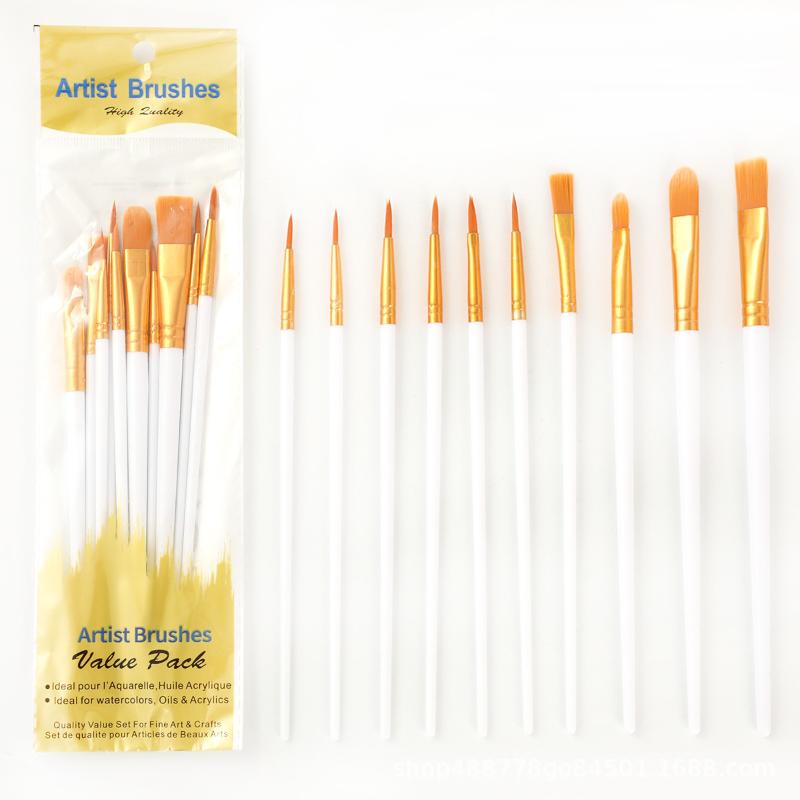 10Pcs/Set Multi-Functional Watercolor Brush Pearlescent Plastic Rod Nylon Hair Hook Line Gouache Oil Brush School Art Supplies