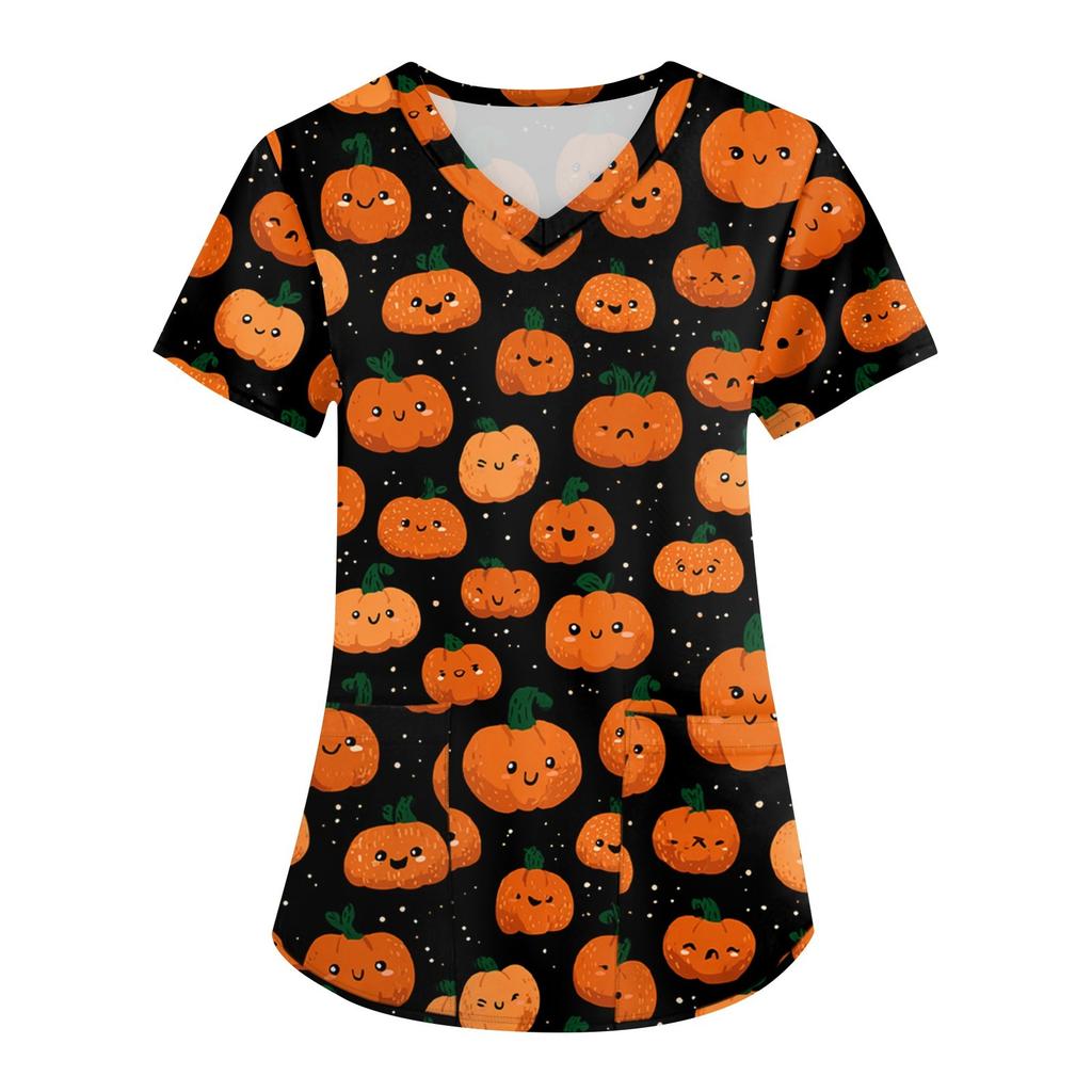 Women's Printing Uniform Work Uniform V-neck Pockets Basic Short Sleeve Pullover Top