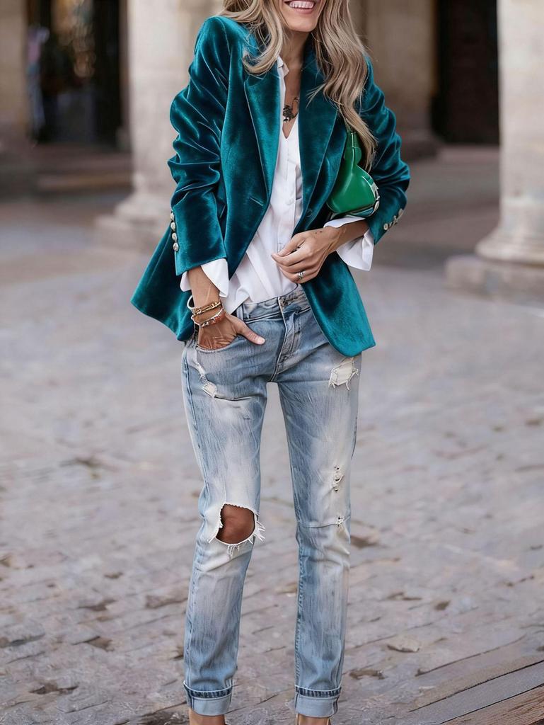 Blazer Elegante de Veludo Slim Fit com Bolsos Falsos - Estilo Europeu e Americano 2025